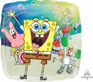 SpongeBob SquarePants balloon with Patrick, Gary, and Mr. Krabs on a colorful background