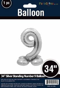 Silver 34-inch standing number 9 balloon for celebrations and parties.