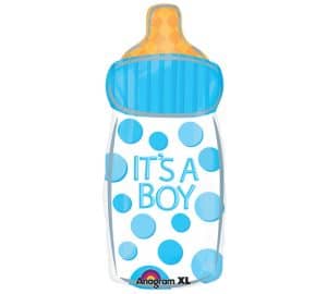 Blue baby bottle shaped foil balloon with 'It's A Boy' message for gender reveal.