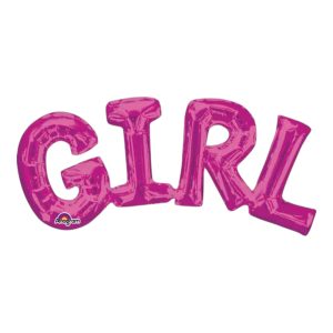 Pink foil balloons spelling G-I-R-L for party decor.