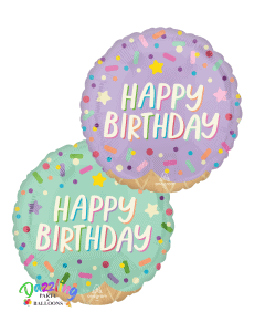 Colorful Happy Birthday balloons with confetti design for celebration.