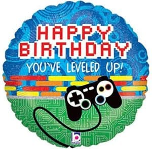 Colorful birthday balloon with gaming controller and pixelated text.