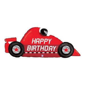 Red race car foil balloon with 'Happy Birthday' message and black wheels.