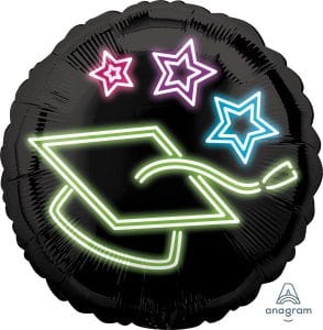 Black & Neon Grad Cap & Stars Foil Balloon