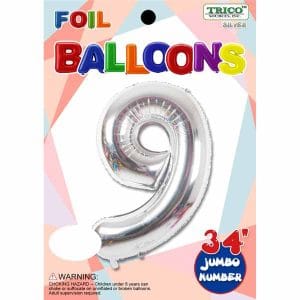 34" Silver Number 9 Supershape Decorative Foil Balloon