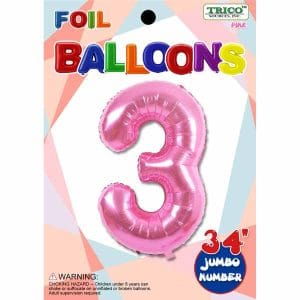 34" Pink Number 3 Supershape Decorative Foil Balloon