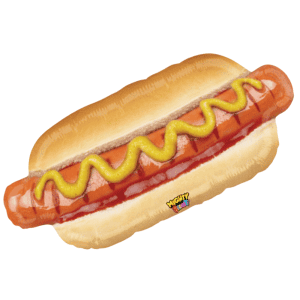 A foil balloon shaped like a hot dog in a bun, with a yellow mustard zigzag and red ketchup detail, on a plain white background. A small 'Nighty Nighty' brand logo is visible near the bottom right of the balloon.