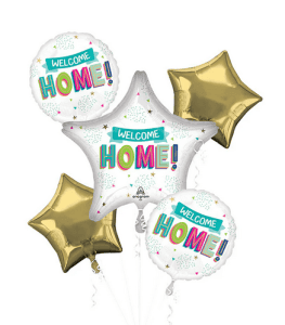 Colorful welcome home balloons with stars and gold star-shaped balloons.