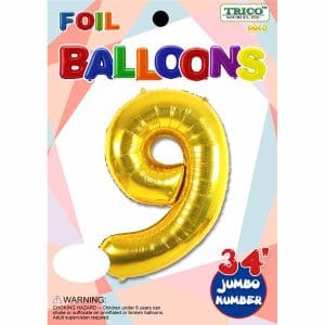 Gold foil number 9 balloon for celebrations and events.