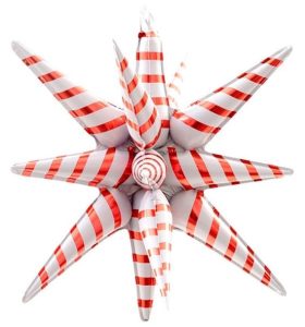 Red and white striped starburst balloon for festive celebrations.