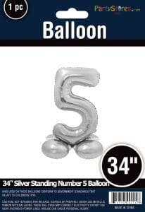 Silver 34-inch standing number 5 balloon for celebrations and parties.