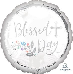 Religious foil balloon with 'Blessed Day' and cross design, perfect for celebrations.