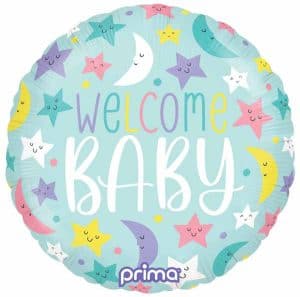 Colorful baby welcome balloon with stars, moons, and hearts for nursery decor.