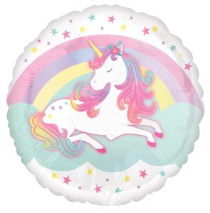 Colorful unicorn foil balloon with rainbow and stars for celebrations.