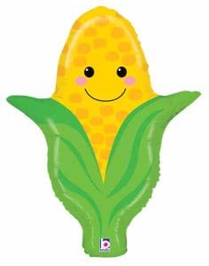 Colorful corn-shaped foil balloon with a smiling face and green leaves.