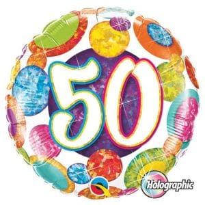 Colorful 50 holographic foil balloon for birthday celebration.