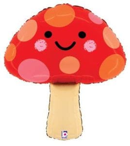 Colorful mushroom-shaped foil balloon with a smiling face and polka dots.