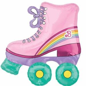 Colorful pink roller skate balloon with rainbow and wheels for celebration.