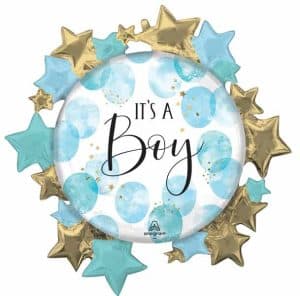 It's A Boy watercolour supershape balloon with stars for baby shower.