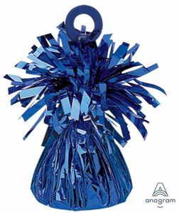 Blue metallic balloon weight with shiny fringe for party decor.