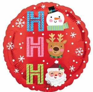 Festive Christmas balloon with snowman, reindeer, Santa, and holiday letters.