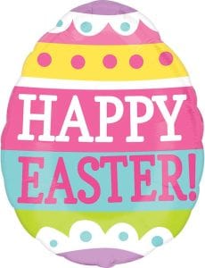 Colorful Easter egg foil balloon with 'Happy Easter' message.