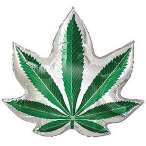 Large foil balloon shaped like a marijuana leaf for celebrations.