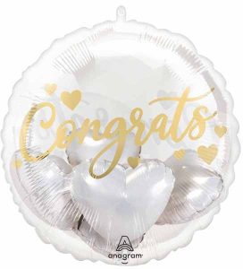 White round balloon with gold 'Congrats' text and heart designs for celebration.
