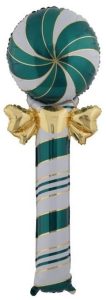 Candy lollipop themed balloon with green, white, and gold colors for celebrations.