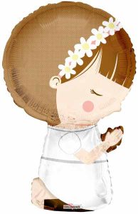 Praying girl balloon with flower crown for First Communion celebration.