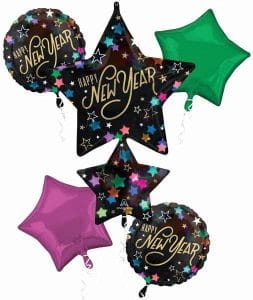 Festive New Year balloons with star and round shapes in black, purple, green, and pink.