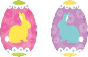 Colorful Easter bunny foil balloons with floral background for celebrations.