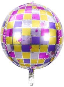 Colorful disco ball sphere balloon with purple, yellow, and white squares.