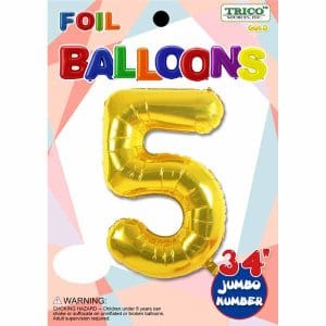 Gold foil number 5 balloon for celebrations, 34 inches, perfect for parties.