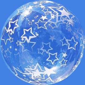 Blue transparent bubble balloon with white star patterns for celebrations.