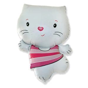 Cute white cat foil balloon with pink striped dress for parties.