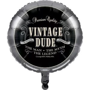 Vintage Dude foil balloon with 'The Man, The Myth, The Legend' design.
