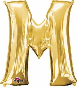Gold foil balloon shaped as the letter M for celebrations and parties.