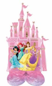 Pink Disney princess castle balloon with Ariel, Belle, and Rapunzel figures.