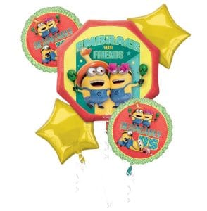 Minions balloon bouquet with stars and themed designs for party decor.