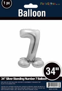 Silver 34-inch standing number 7 balloon for celebrations.