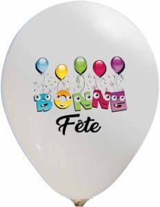 White balloon with colorful 'Bonne Fête' letters and balloons.