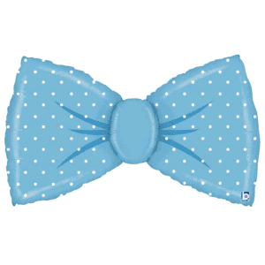 Large blue bowtie-shaped balloon with white polka dots for celebrations.
