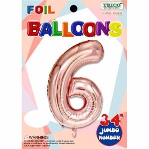 Rose gold foil number 6 jumbo balloon for celebrations.