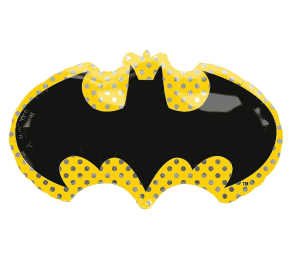 Batman logo foil balloon with yellow polka dot border for parties.