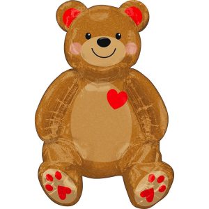 Cute teddy bear foil balloon with red heart and paw prints for celebrations.