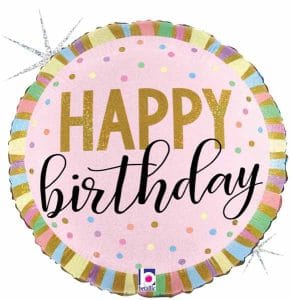 Colorful Happy Birthday foil balloon with pastel stripes and confetti design.