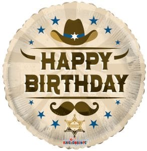 Western cowboy themed birthday balloon with hat, mustache, and sheriff badge design.