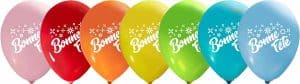 Assorted colorful printed latex balloons for parties and events.