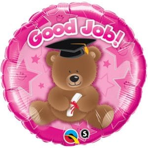 Pink foil balloon with a cute bear wearing a graduation cap and holding a diploma.
